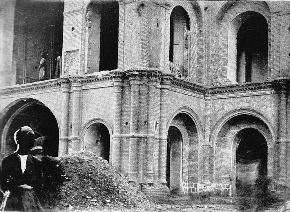 The Majles parliament building after bombardment by the Russian-led Cossack Brigade, Tehran, 1908.